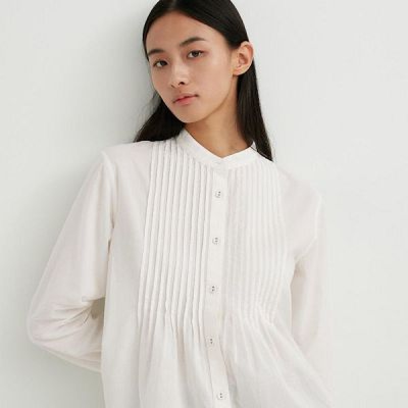 Blouse Uniqlo Pintuck Long Sleeve Mujer Blancas | 930867_PE