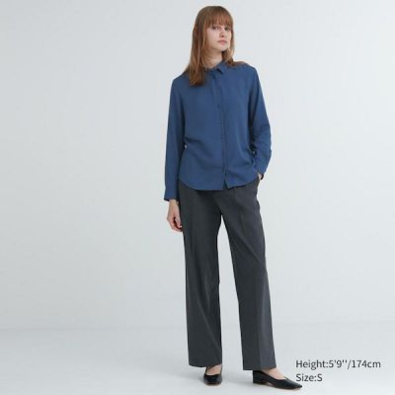 Blouse Uniqlo Rayon Long-Sleeve Mujer Azules | 264908_PE