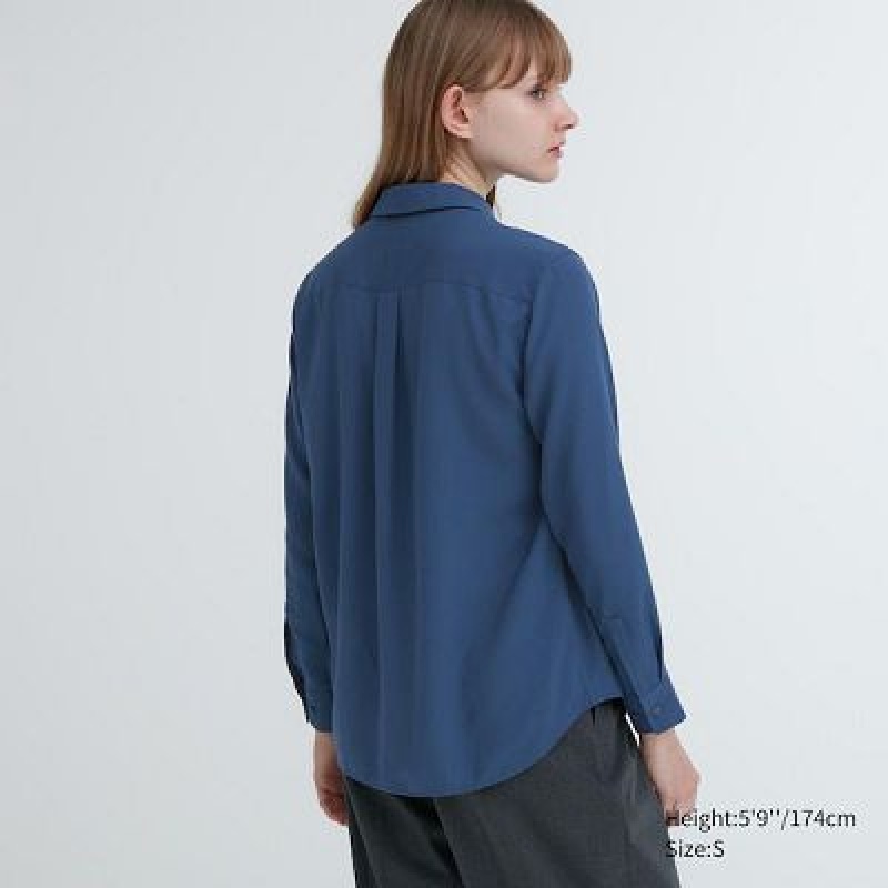 Blouse Uniqlo Rayon Long-Sleeve Mujer Azules | 264908_PE