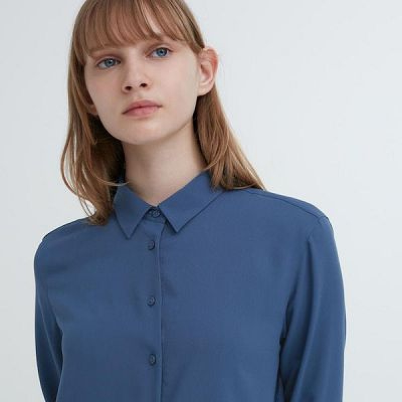 Blouse Uniqlo Rayon Long-Sleeve Mujer Azules | 264908_PE