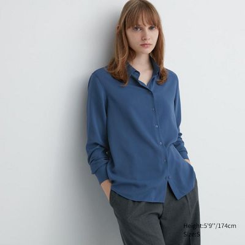 Blouse Uniqlo Rayon Long-Sleeve Mujer Azules | 264908_PE