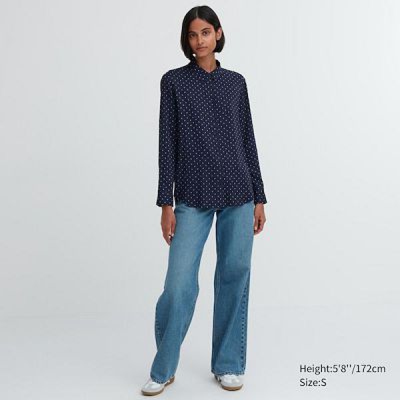 Blouse Uniqlo Rayon Printed Long-Sleeve Mujer Blancas | 375086_PE