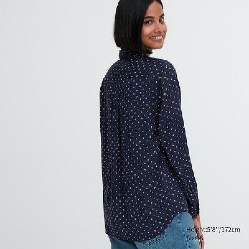 Blouse Uniqlo Rayon Printed Long-Sleeve Mujer Blancas | 375086_PE