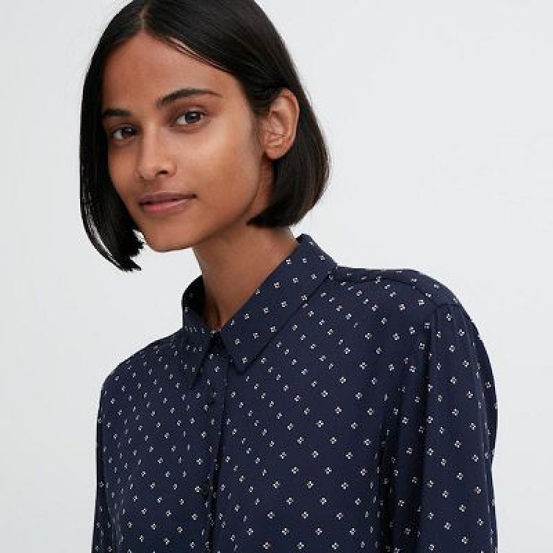 Blouse Uniqlo Rayon Printed Long-Sleeve Mujer Blancas | 375086_PE