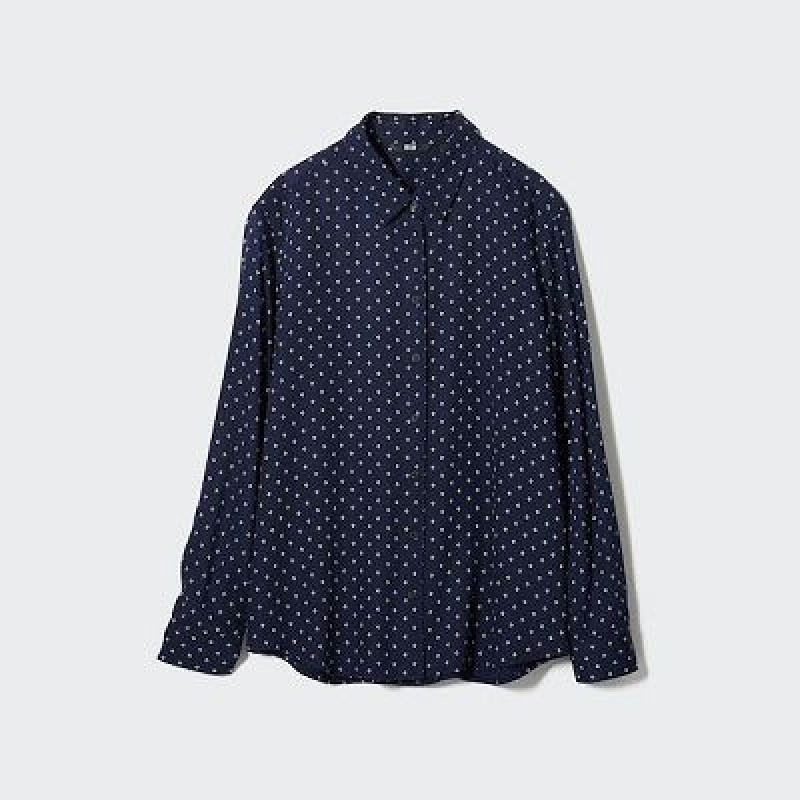 Blouse Uniqlo Rayon Printed Long-Sleeve Mujer Blancas | 375086_PE