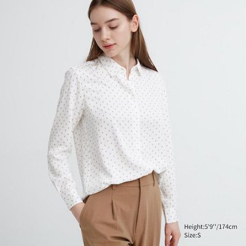 Blouse Uniqlo Rayon Printed Long-Sleeve Mujer Blancas | 375086_PE