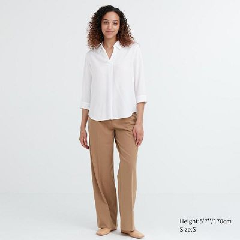 Blouse Uniqlo Rayon Skipper Collar 3/4-Sleeve Mujer Blancas | 402367_PE