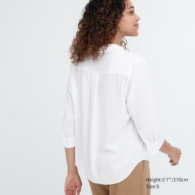 Blouse Uniqlo Rayon Skipper Collar 3/4-Sleeve Mujer Blancas | 402367_PE