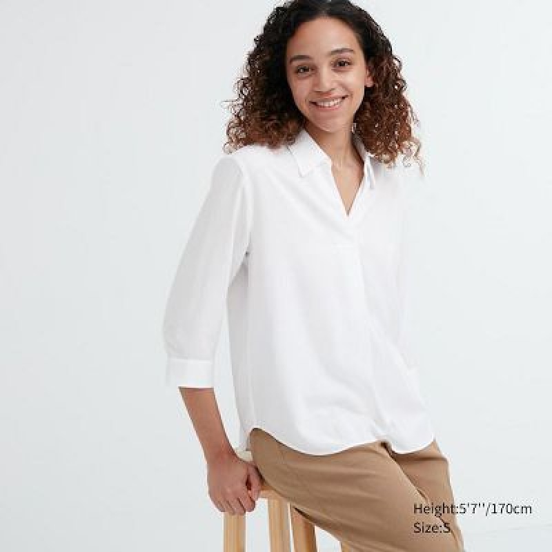 Blouse Uniqlo Rayon Skipper Collar 3/4-Sleeve Mujer Blancas | 402367_PE