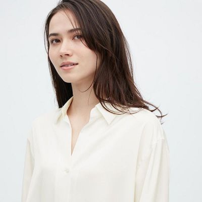 Blouse Uniqlo Satin Long-Sleeve Mujer Beige | 891756_PE