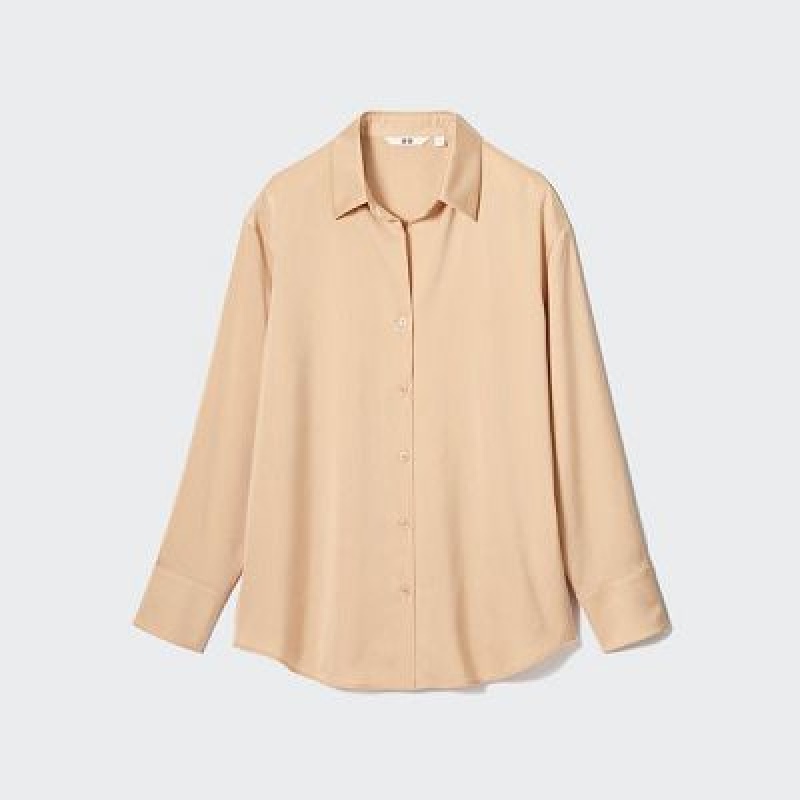 Blouse Uniqlo Satin Long-Sleeve Mujer Beige | 891756_PE