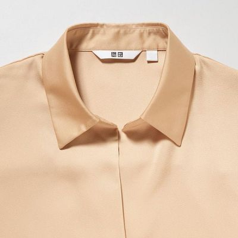 Blouse Uniqlo Satin Long-Sleeve Mujer Beige | 891756_PE