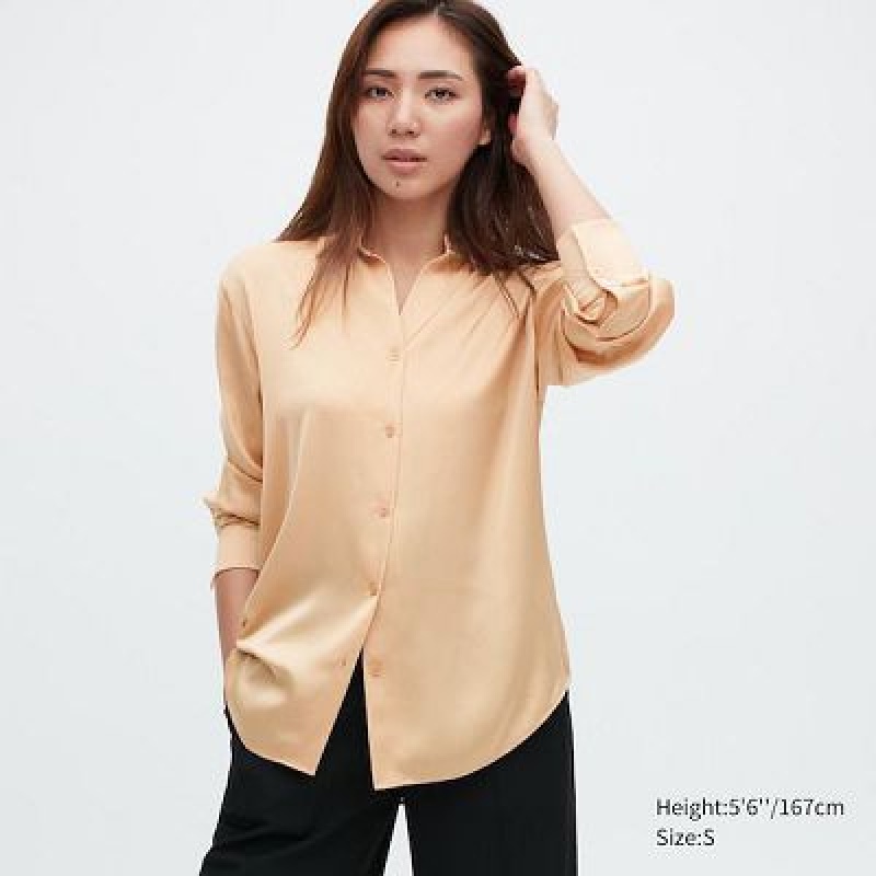 Blouse Uniqlo Satin Long-Sleeve Mujer Beige | 891756_PE