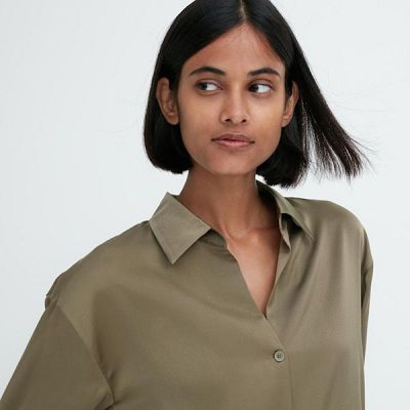 Blouse Uniqlo Satin Long-Sleeve Mujer Blancas | 928517_PE