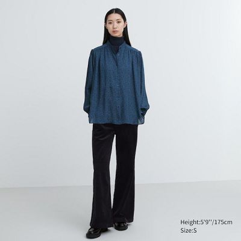 Blouse Uniqlo Volume Long-Sleeve Mujer Azules | 45269_PE