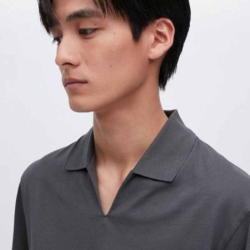 Camisa Polo Uniqlo AIRism Skipper Collar Hombre Negras | 630271_PE