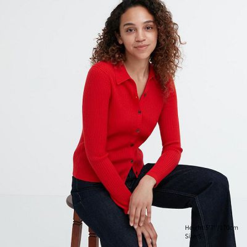 Camisa Polo Uniqlo Extra Fine Merino Acanalado Mujer Rojas | 29354_PE