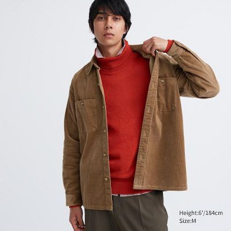 Camisas Uniqlo Corduroy Work Long-Sleeve Hombre Marrones | 872654_PE