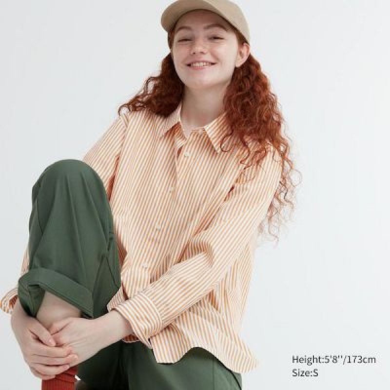 Camisas Uniqlo Cotton A Rayas Long-Sleeve Mujer Amarillo | 381067_PE