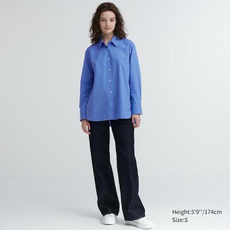 Camisas Uniqlo Cotton Long-Sleeve Mujer Azules | 968325_PE