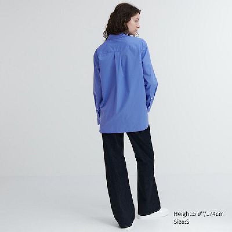 Camisas Uniqlo Cotton Long-Sleeve Mujer Azules | 968325_PE