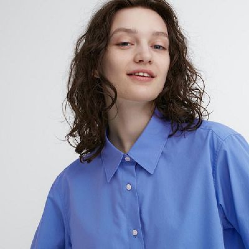 Camisas Uniqlo Cotton Long-Sleeve Mujer Azules | 968325_PE