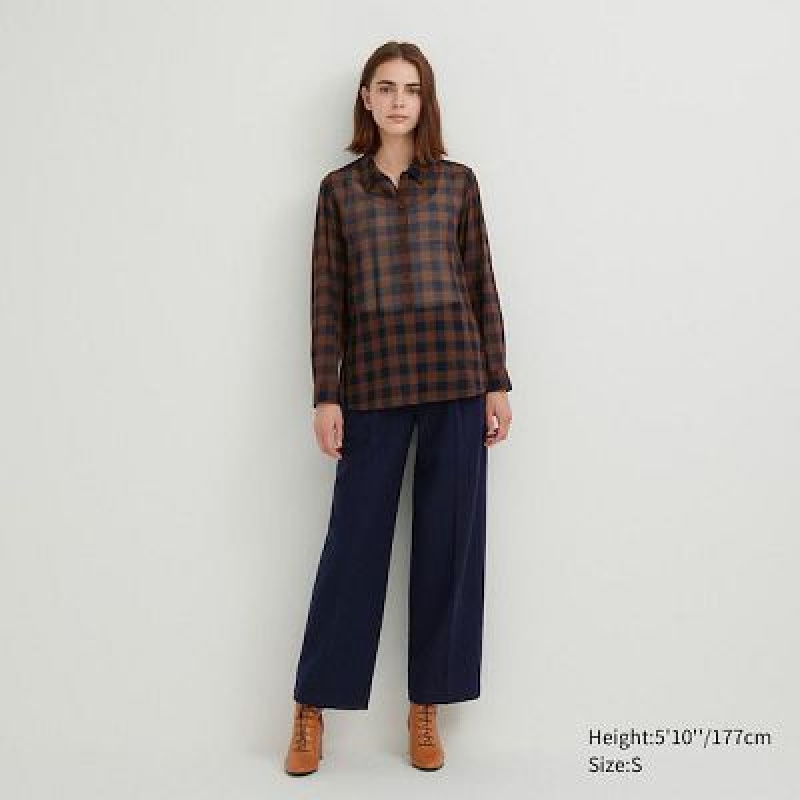 Camisas Uniqlo Cotton Sheer Checked Long-Sleeve Mujer Beige | 405916_PE