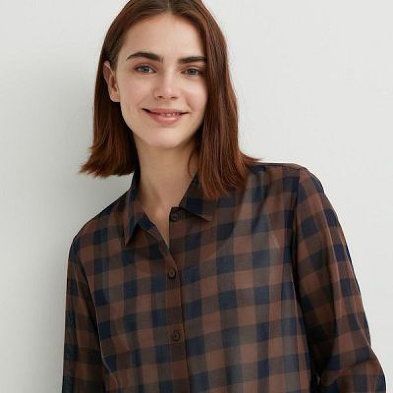 Camisas Uniqlo Cotton Sheer Checked Long-Sleeve Mujer Beige | 405916_PE