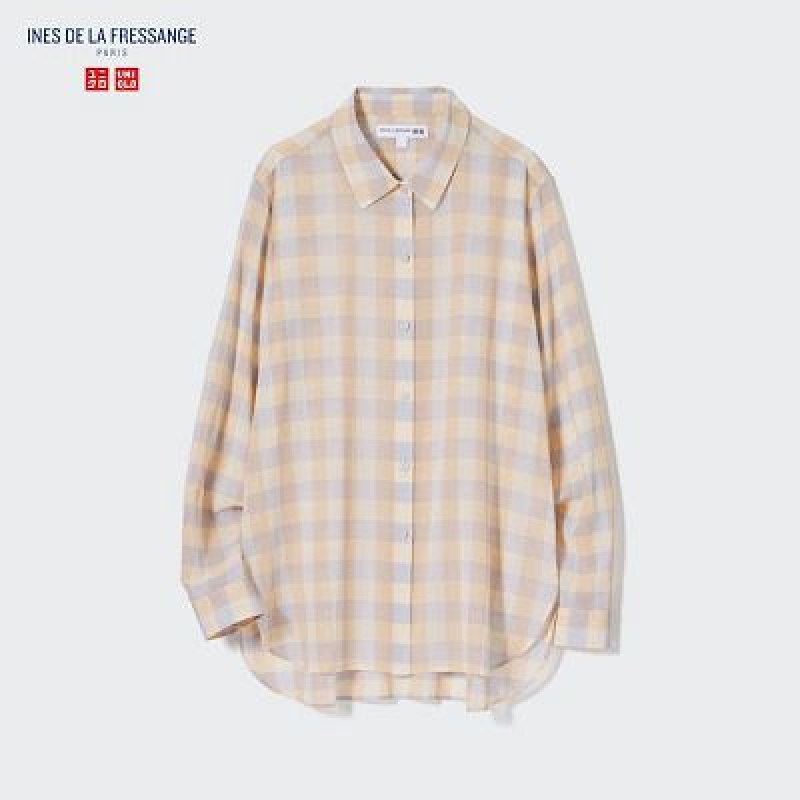 Camisas Uniqlo Cotton Sheer Checked Long-Sleeve Mujer Beige | 405916_PE