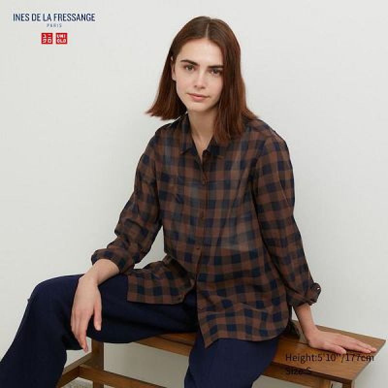 Camisas Uniqlo Cotton Sheer Checked Long-Sleeve Mujer Marrones | 346915_PE