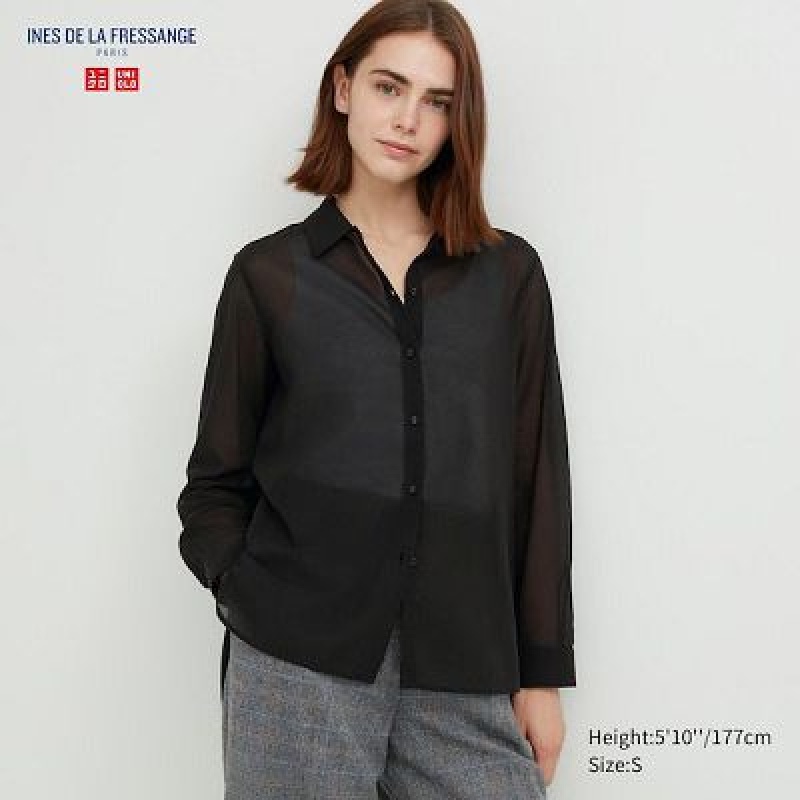 Camisas Uniqlo Cotton Sheer Long-Sleeve Mujer Negras | 15324_PE