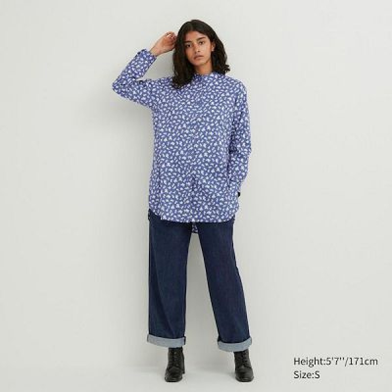 Camisas Uniqlo Cotton Silk Long-Sleeve Mujer Azules | 128947_PE