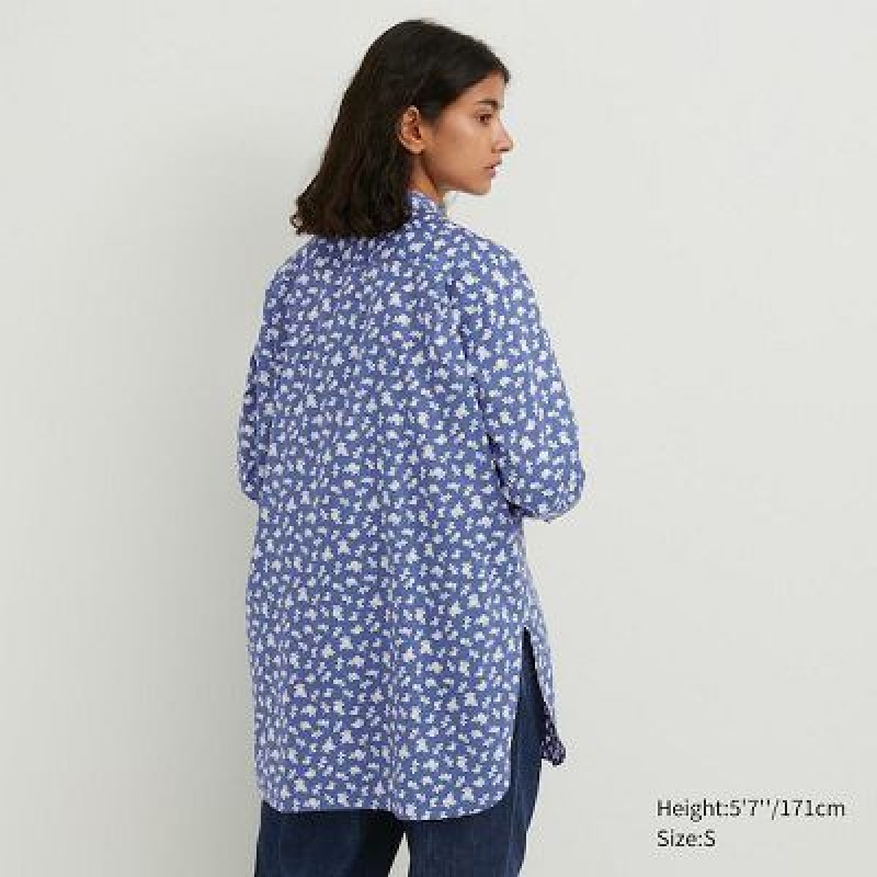 Camisas Uniqlo Cotton Silk Long-Sleeve Mujer Azules | 618594_PE