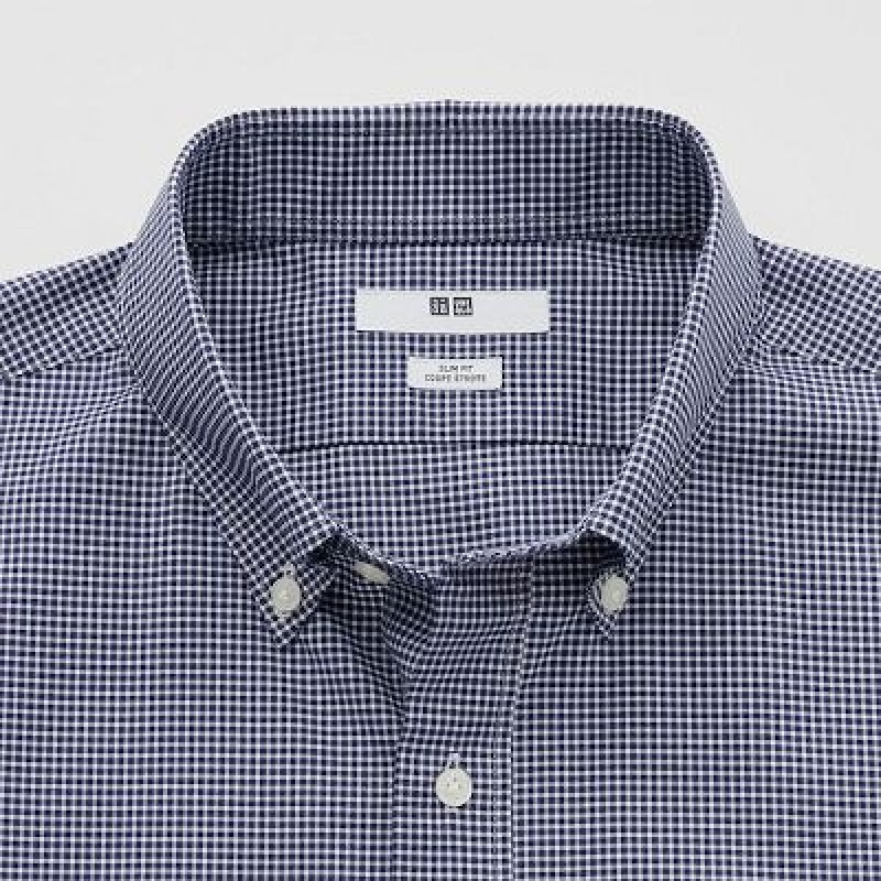 Camisas Uniqlo Easy Care Checked Stretch Slim-Fit Long-Sleeve Hombre Azul Marino | 71938_PE