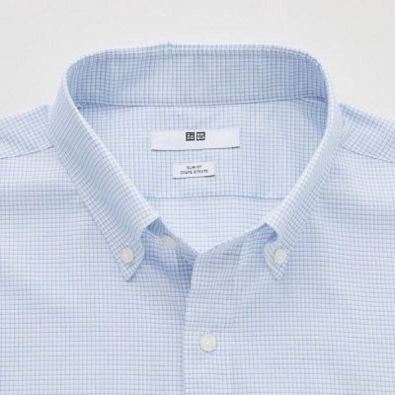 Camisas Uniqlo Easy Care Checked Stretch Slim-Fit Long-Sleeve Hombre Azules | 392145_PE