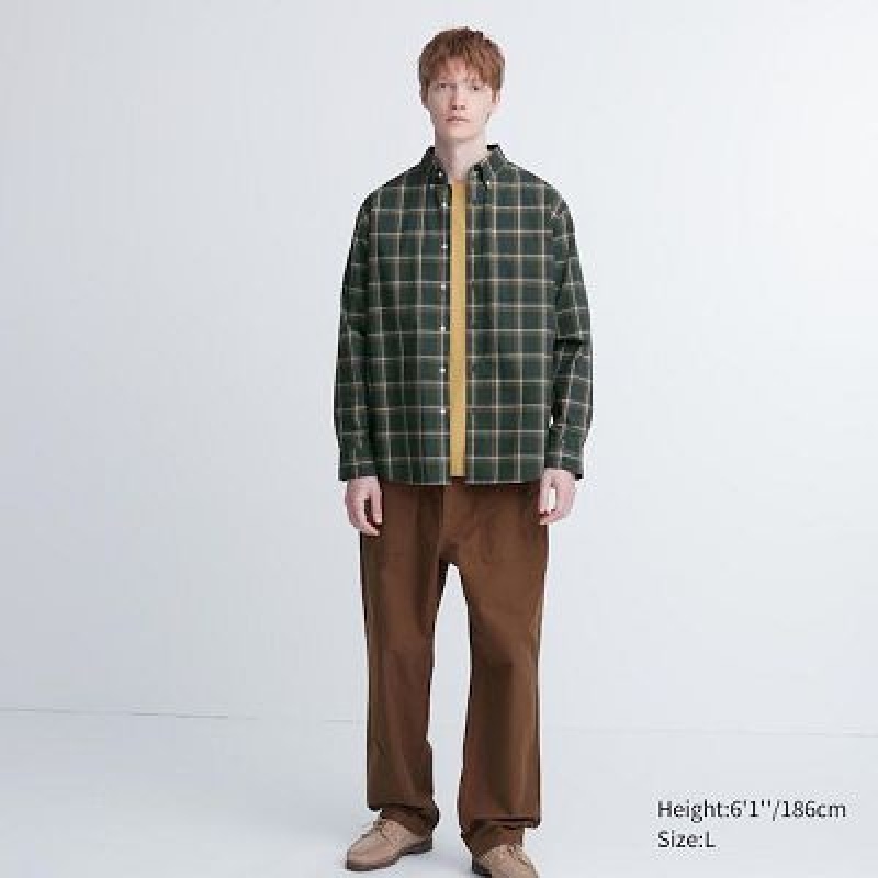 Camisas Uniqlo Extra Fine Cotton Broadcloth Checked Long-Sleeve Hombre Verde Oliva | 76829_PE