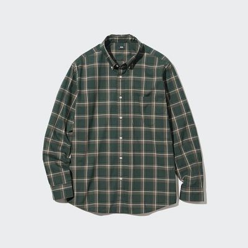 Camisas Uniqlo Extra Fine Cotton Broadcloth Checked Long-Sleeve Hombre Verde Oliva | 76829_PE