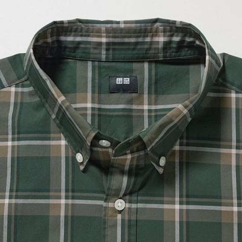 Camisas Uniqlo Extra Fine Cotton Broadcloth Checked Long-Sleeve Hombre Verde Oliva | 76829_PE