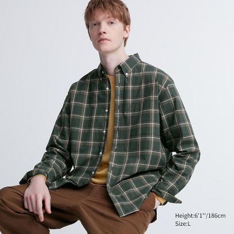 Camisas Uniqlo Extra Fine Cotton Broadcloth Checked Long-Sleeve Hombre Verde Oliva | 76829_PE