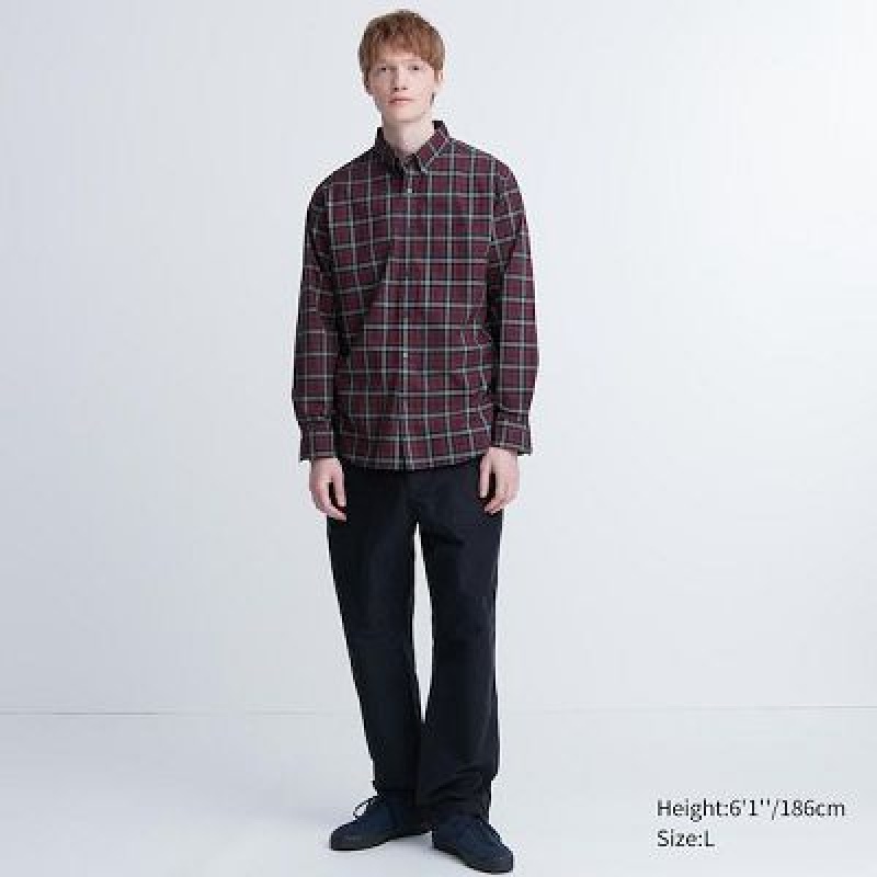 Camisas Uniqlo Extra Fine Cotton Broadcloth Checked Long-Sleeve Hombre Wine | 581324_PE