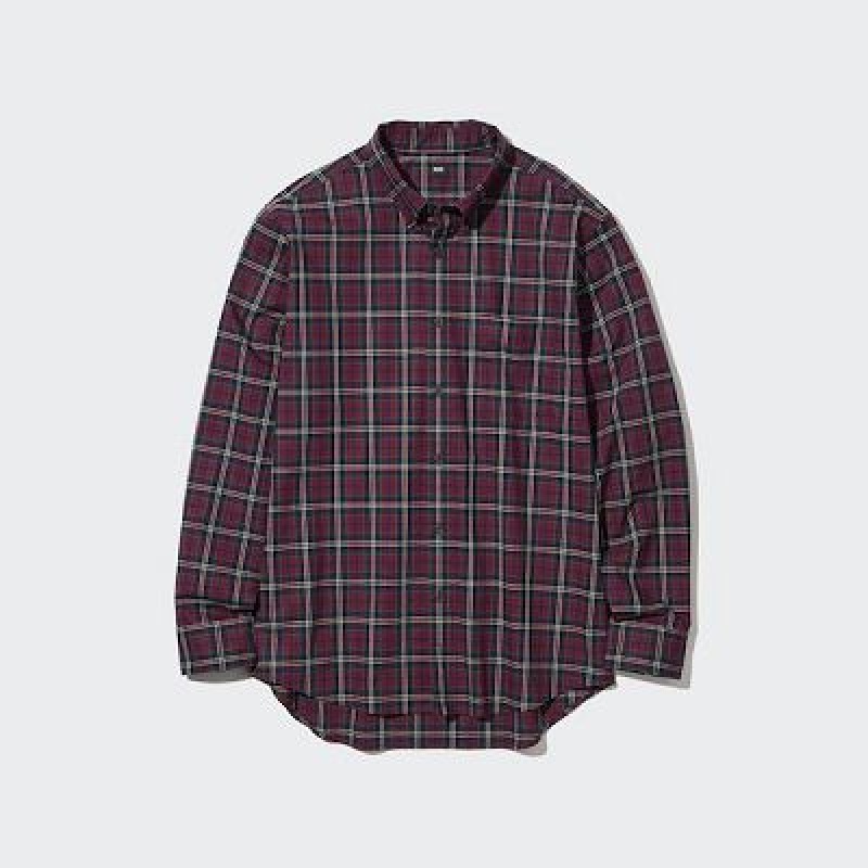 Camisas Uniqlo Extra Fine Cotton Broadcloth Checked Long-Sleeve Hombre Wine | 581324_PE