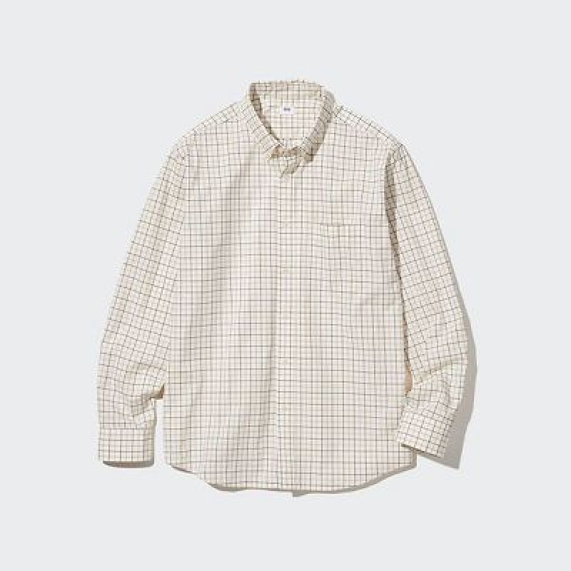 Camisas Uniqlo Extra Fine Cotton Broadcloth Checked Long-Sleeve Hombre Blancas | 457932_PE