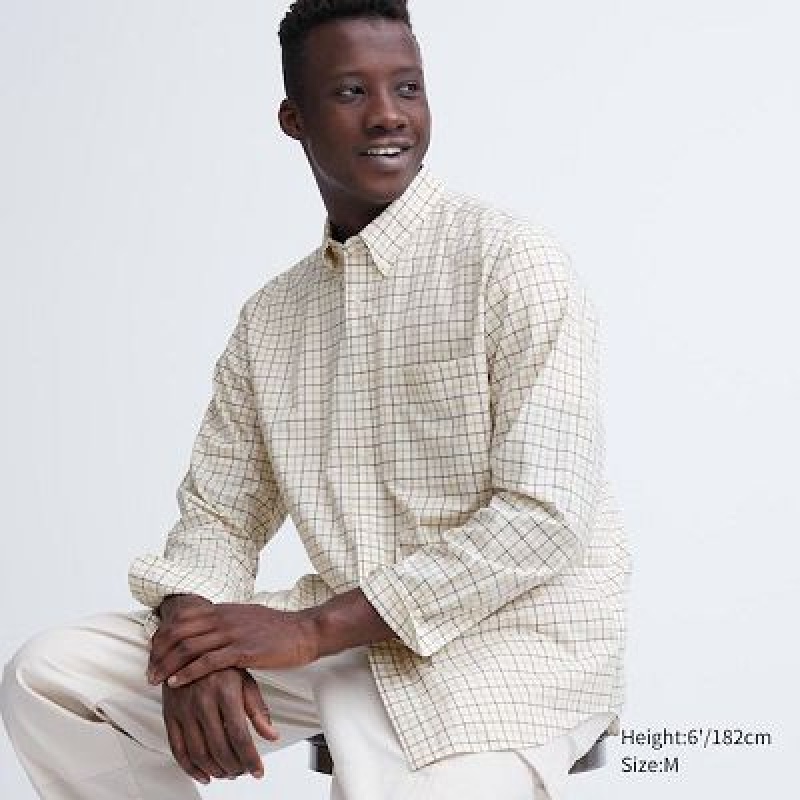 Camisas Uniqlo Extra Fine Cotton Broadcloth Checked Long-Sleeve Hombre Blancas | 457932_PE