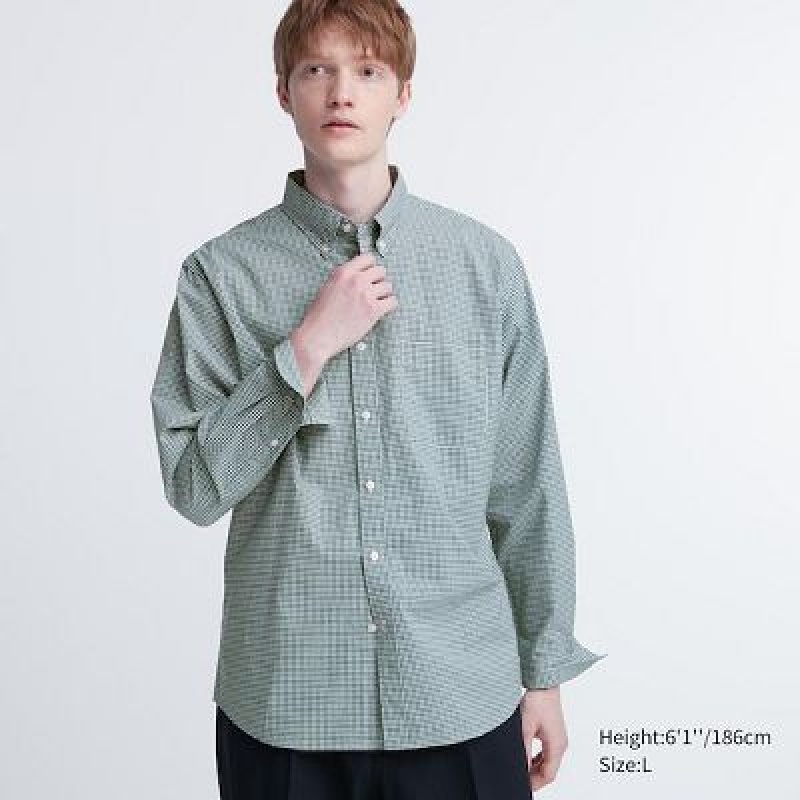 Camisas Uniqlo Extra Fine Cotton Broadcloth Checked Long-Sleeve Hombre Verde | 541203_PE