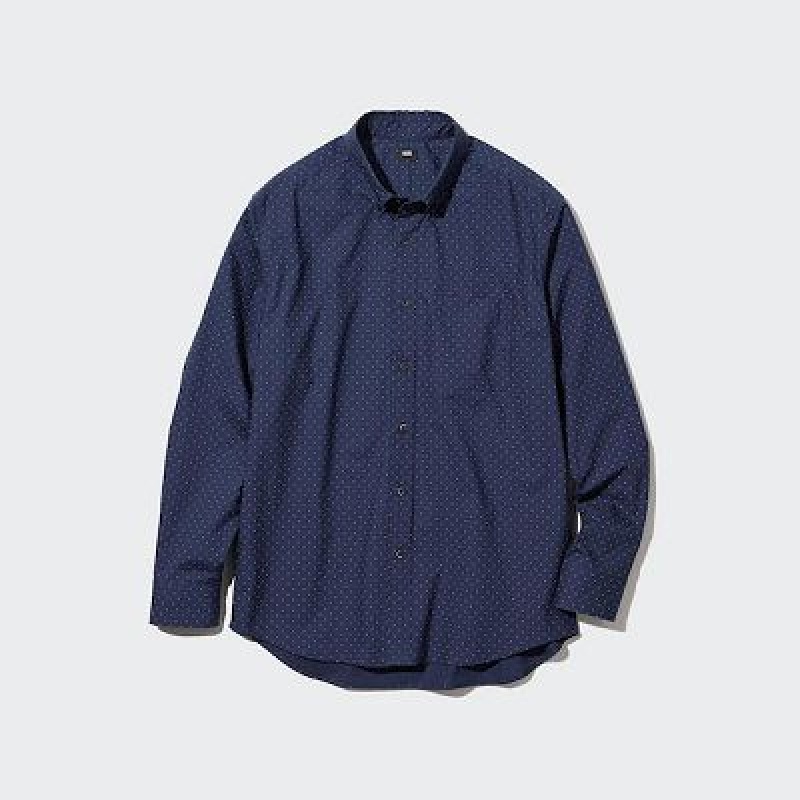 Camisas Uniqlo Extra Fine Cotton Broadcloth Dotted Long-Sleeve Hombre Azules | 348701_PE