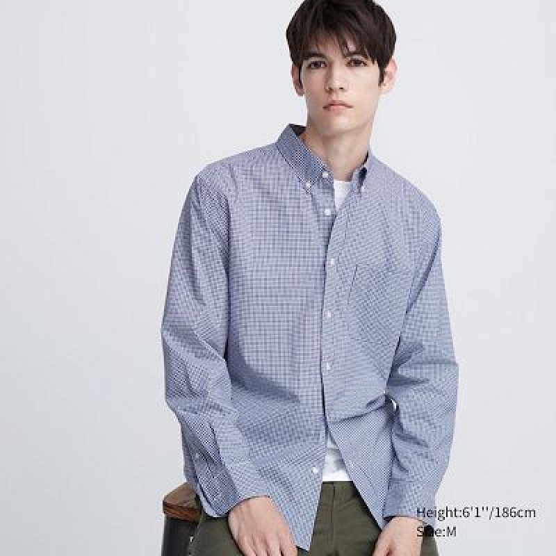 Camisas Uniqlo Extra Fine Cotton Broadcloth Checkered Long-Sleeve Hombre Azules | 974560_PE