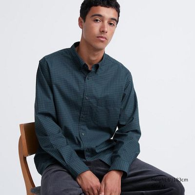 Camisas Uniqlo Extra Fine Cotton Broadcloth Checked Long-Sleeve Hombre Verde | 792614_PE