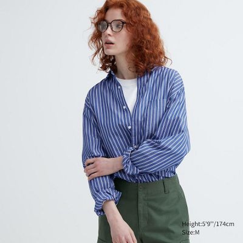 Camisas Uniqlo Extra Fine Cotton Broadcloth Long-Sleeve Mujer Azules | 546027_PE