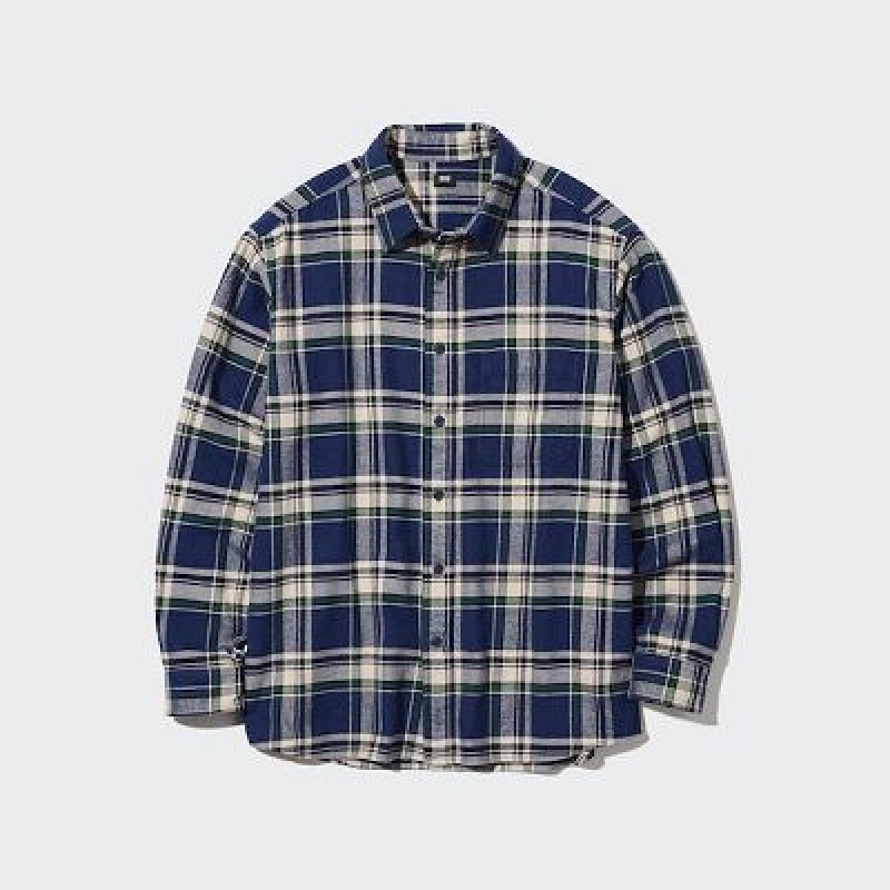 Camisas Uniqlo Flannel Checked Long-Sleeve Hombre Azules | 869043_PE