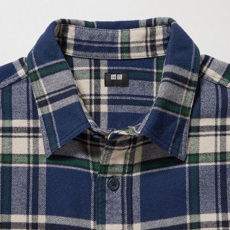 Camisas Uniqlo Flannel Checked Long-Sleeve Hombre Azules | 869043_PE